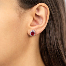 Load image into Gallery viewer, 9ct Yellow Gold Created Ruby Oval + Cubic Zirconia Halo Stud Earrings
