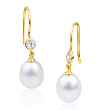 Load image into Gallery viewer, 9ct Alluring Yellow Gold Freshwater Pearl and Cubic Zirconia Drop Earrings