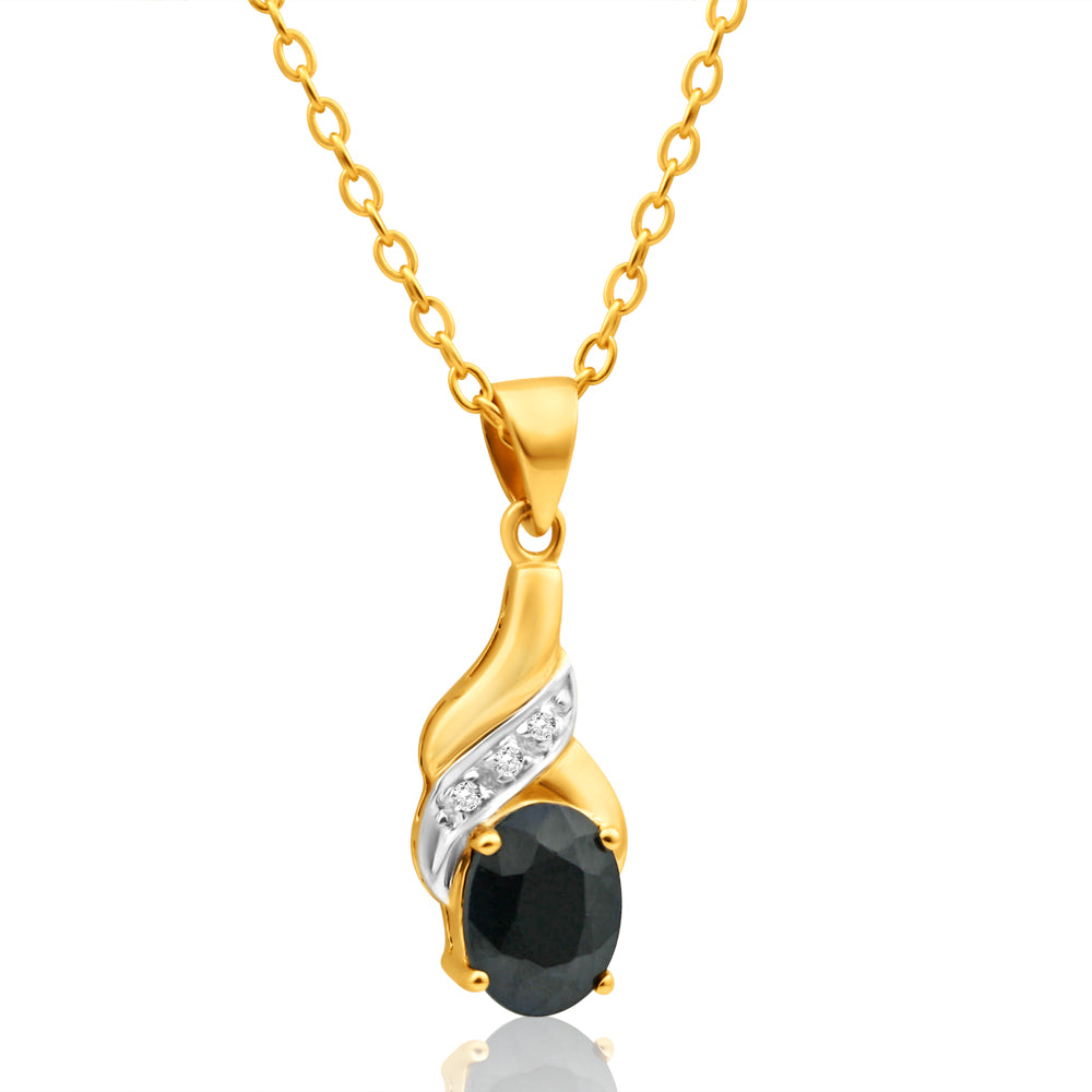 9ct Charming Yellow Gold Natural Black Sapphire 8x6mm and Diamond Pendant