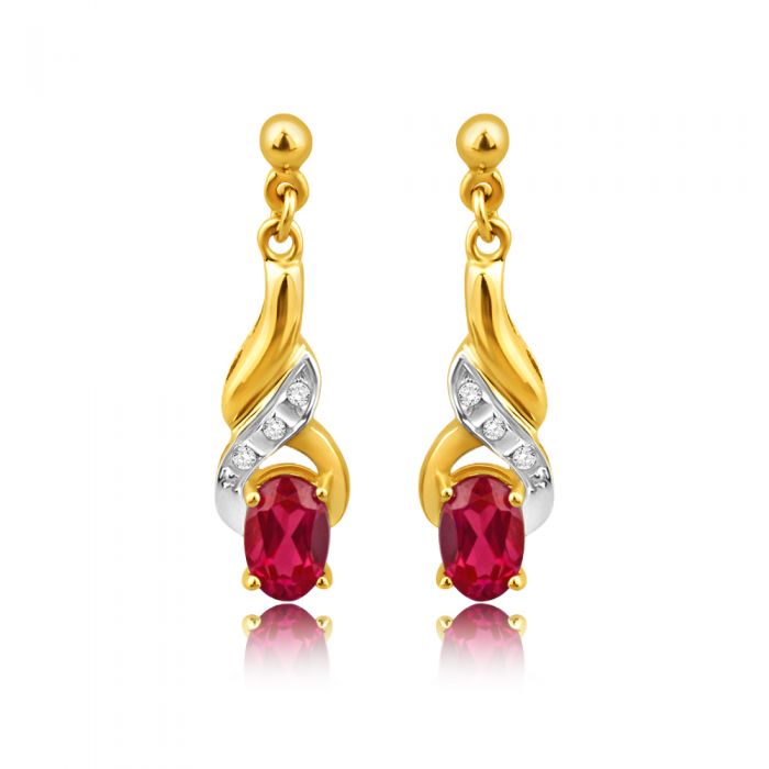 9ct Alluring Yellow Gold Created Ruby + Diamond Drop Earrings