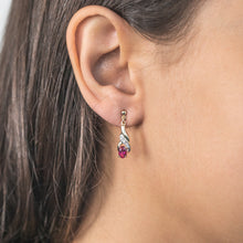Load image into Gallery viewer, 9ct Alluring Yellow Gold Created Ruby + Diamond Drop Earrings