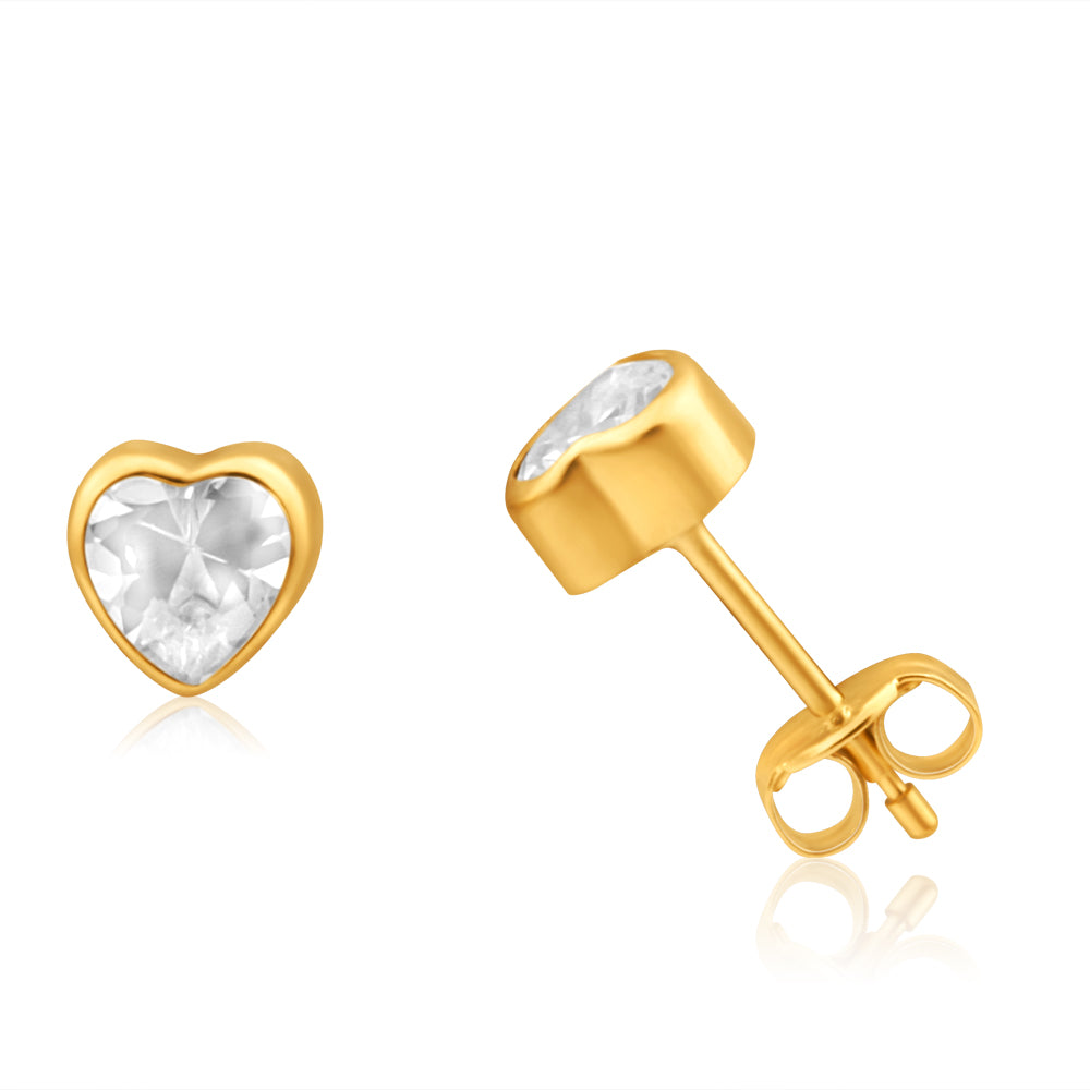 9ct Yellow Gold Cubic Zirconia Heart Shaped 5mm Stud Earrings