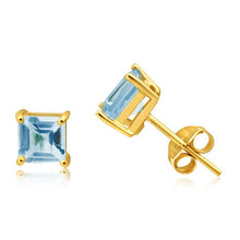 Load image into Gallery viewer, 9ct Yellow Gold Princess Cut 5mm Blue Topaz Stud Earrings