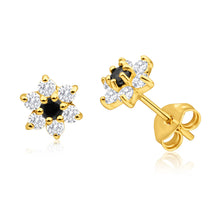Load image into Gallery viewer, 9ct Yellow Gold Cubic Zirconia + Natural Sapphire Flower Stud Earrings