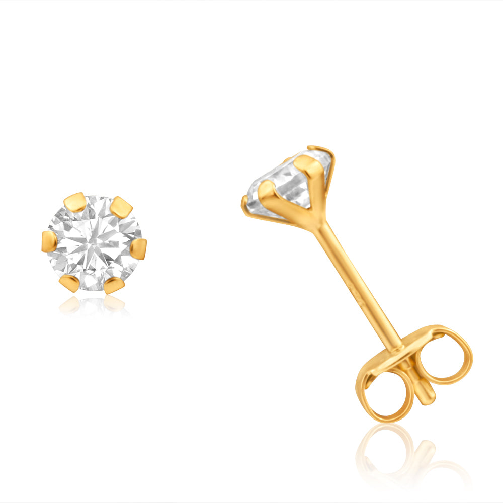 9ct Yellow Gold Cubic Zirconia 4mm 6 Claw Stud Earrings