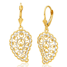 Load image into Gallery viewer, 9ct Yellow Gold &amp; White Gold Drop Earrings Filigree Leaf Design