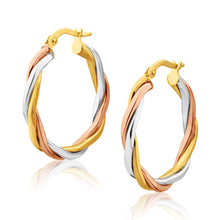 Load image into Gallery viewer, 9ct Yellow Gold, White Gold &amp; Rose Gold Twist 20mm Hoop Earrings