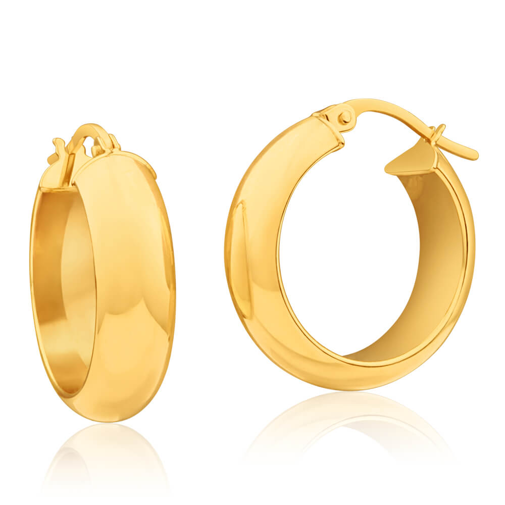 9ct Yellow Gold Plain Round  15mm Hoop Earrings