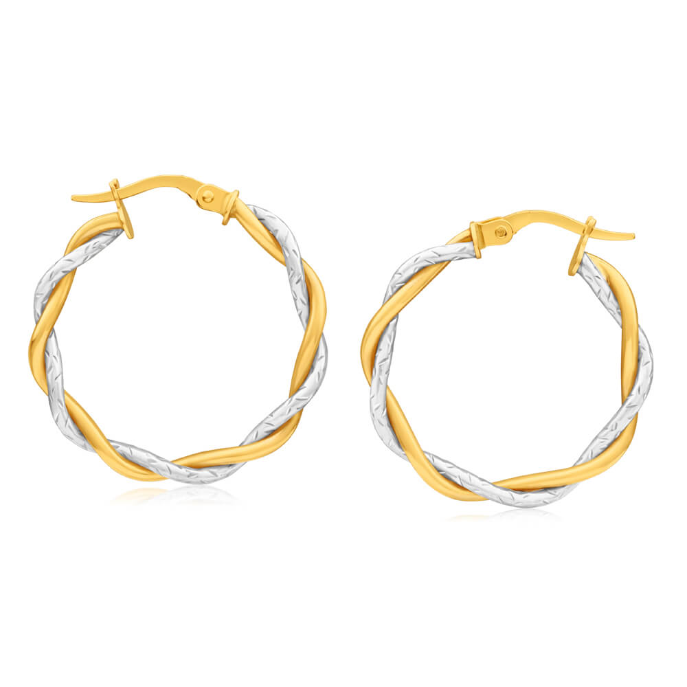 9ct Yellow & White Gold Hoop Earrings twin tube twist