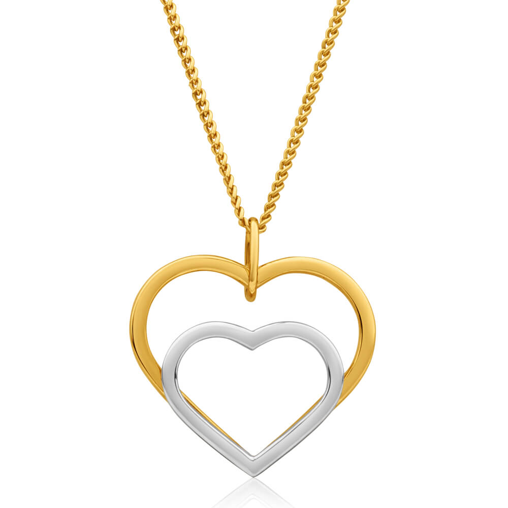 9ct Yellow Gold & White Gold Double Heart Pendant - Small Heart in White