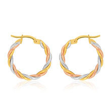 Load image into Gallery viewer, 9ct Yellow, Rose &amp; White Gold Hoop Earrings 3 tube twist