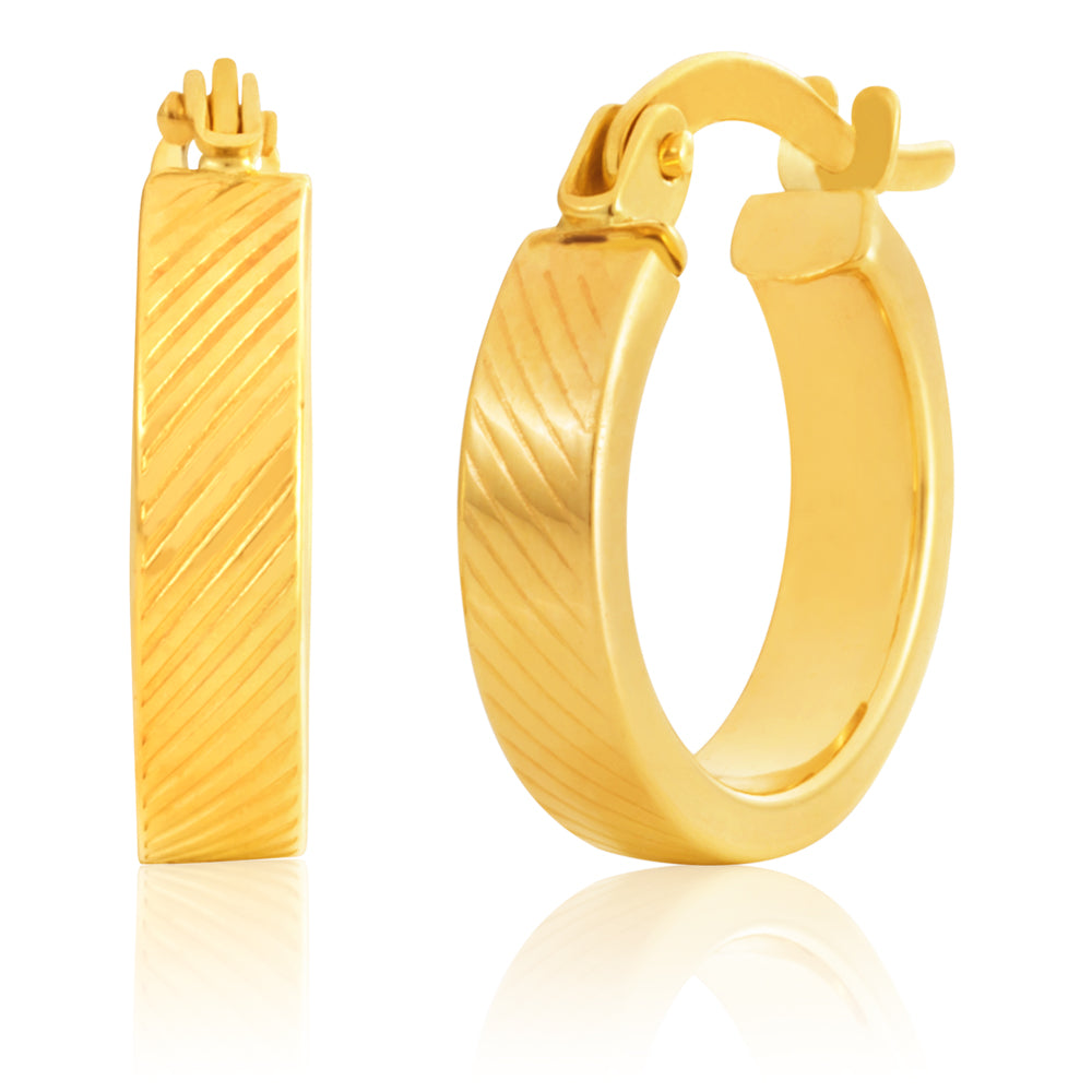 9ct Yellow Gold dicut feature 10mm Hoops Earrings