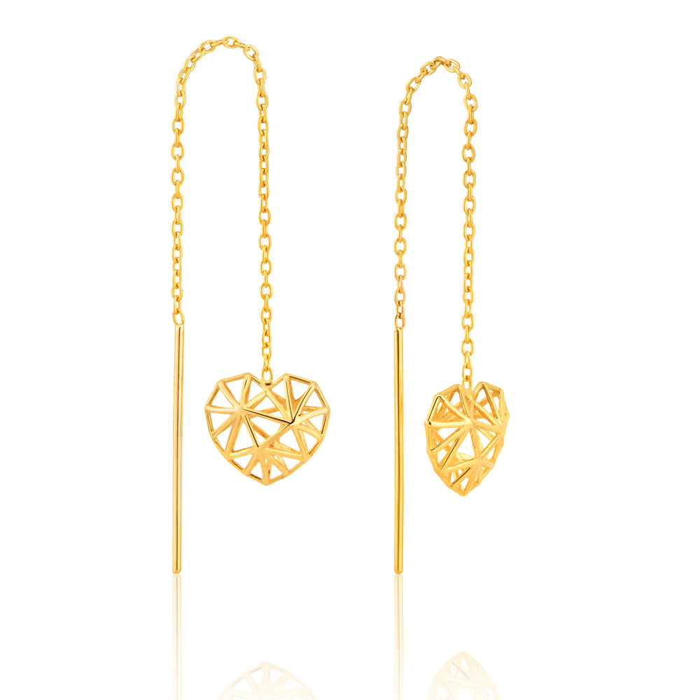 9ct Yellow Gold Heart Geometric Thread Earrings