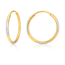 Load image into Gallery viewer, 9ct Two Tone Double Sided Diamond Cut 15mm Hoop Earrings