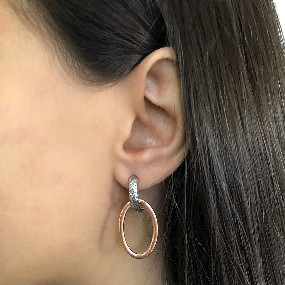 Two Tone Gold Diamond Cut Oval Hoop Stud Earring