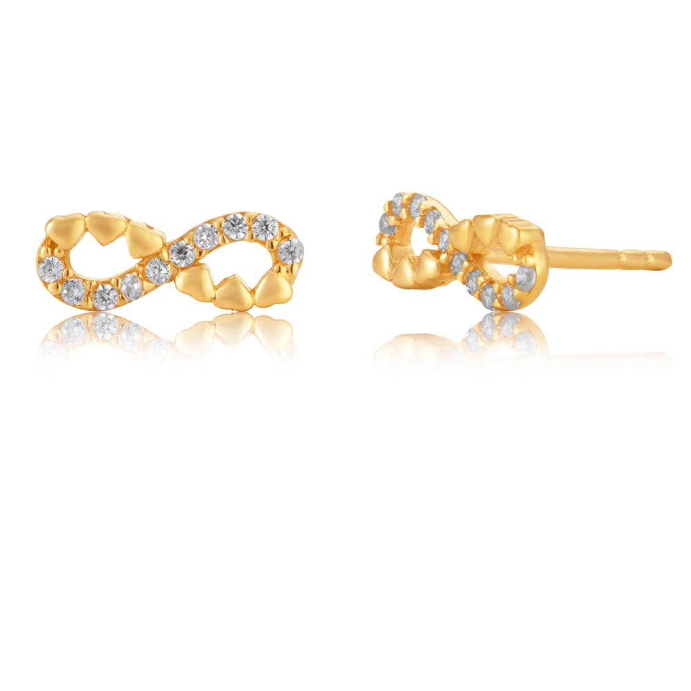 9ct Yellow Gold Cubic Zirconia and Heart Embossed Infinity Stud Earrings