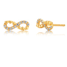 Load image into Gallery viewer, 9ct Yellow Gold Cubic Zirconia and Heart Embossed Infinity Stud Earrings