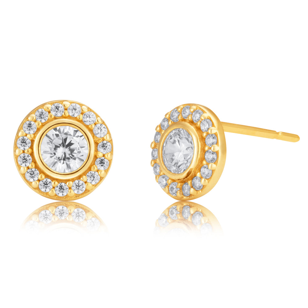 9ct Yellow Gold Cubic Zirconia Round Halo Stud Earrings