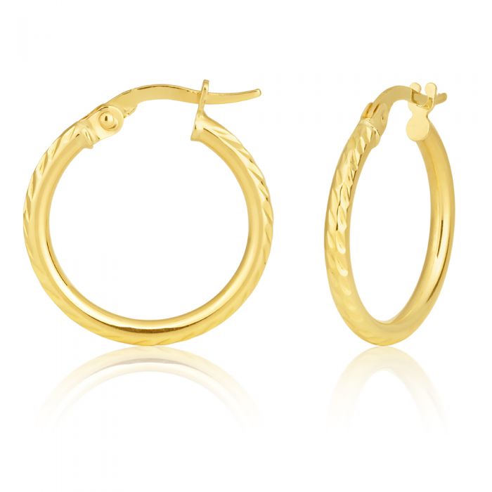 9ct Yellow Gold Diamond Cut 15mm Hoop Earrings