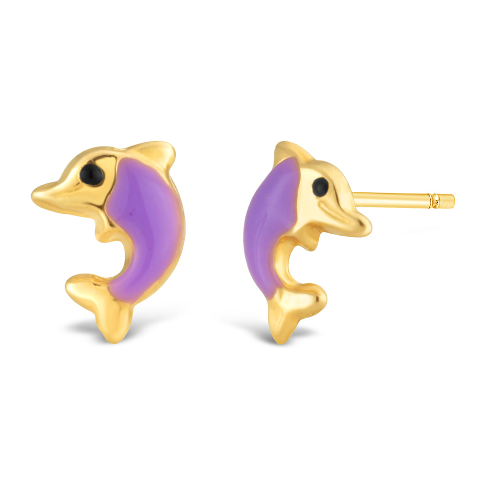 9ct Yellow Gold Purple Dolphin Stud Earrings