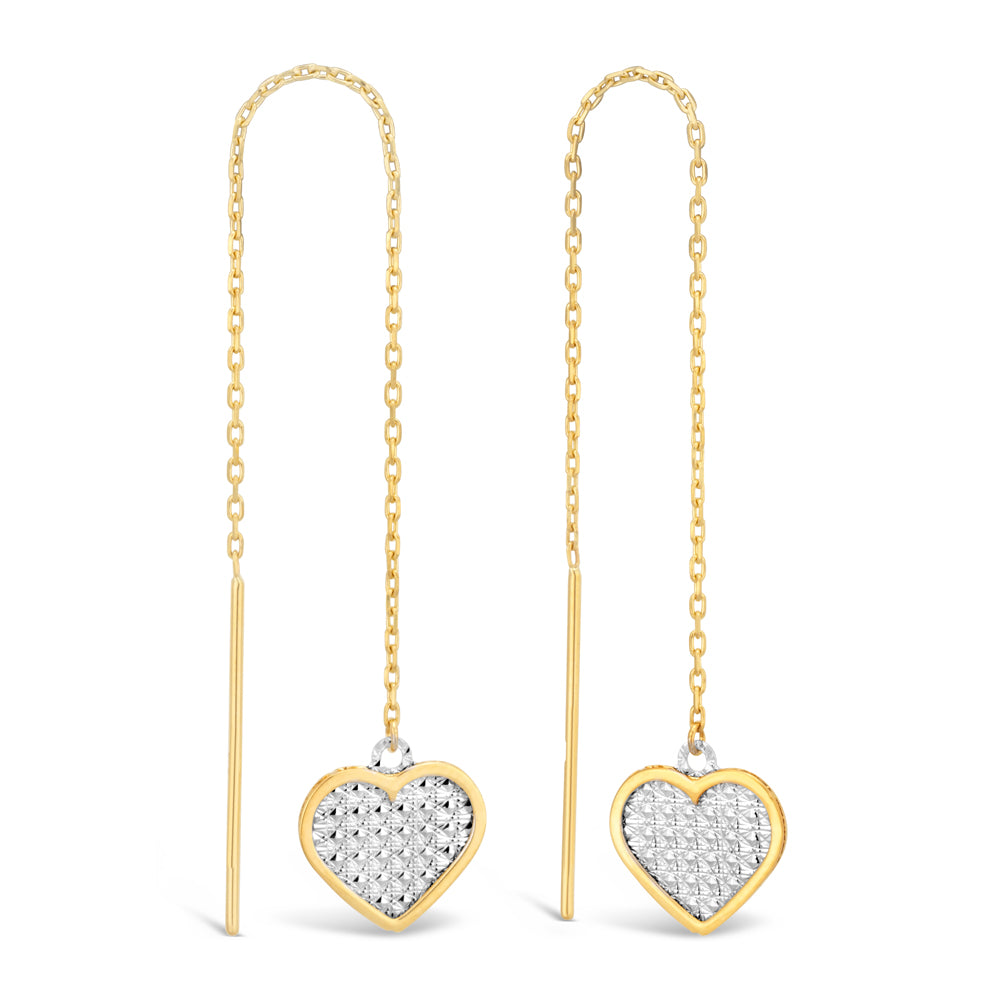 9ct Two Tone Yellow & White Gold Diamond Cut Heart Threader Earring