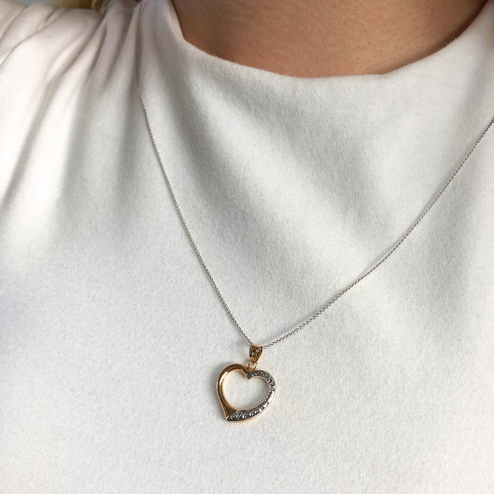 9ct Two-Tone Gold Diamond Cut Open Heart Pendant