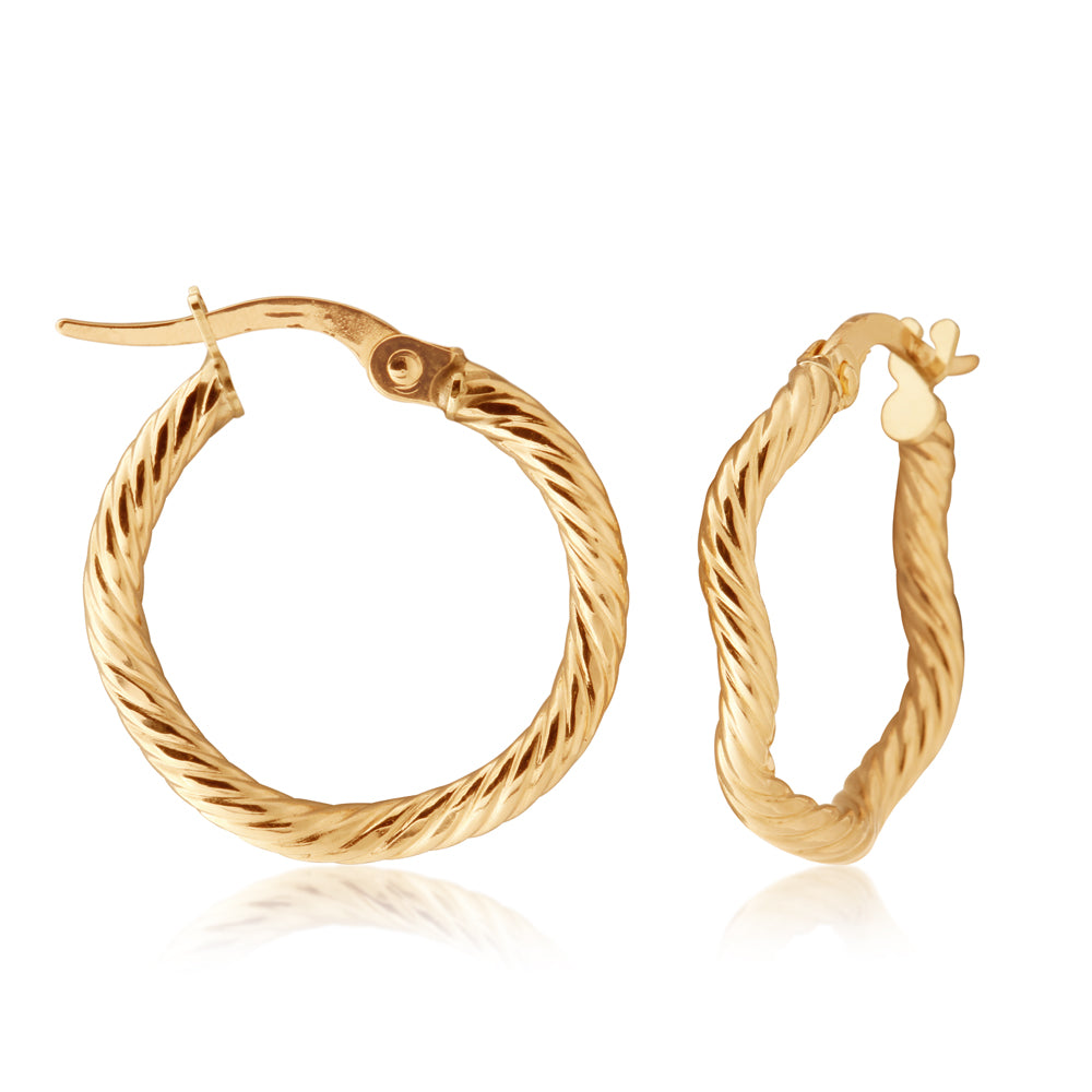 9ct Yellow Gold Patterned Abstract 15mm Hoop Earrings