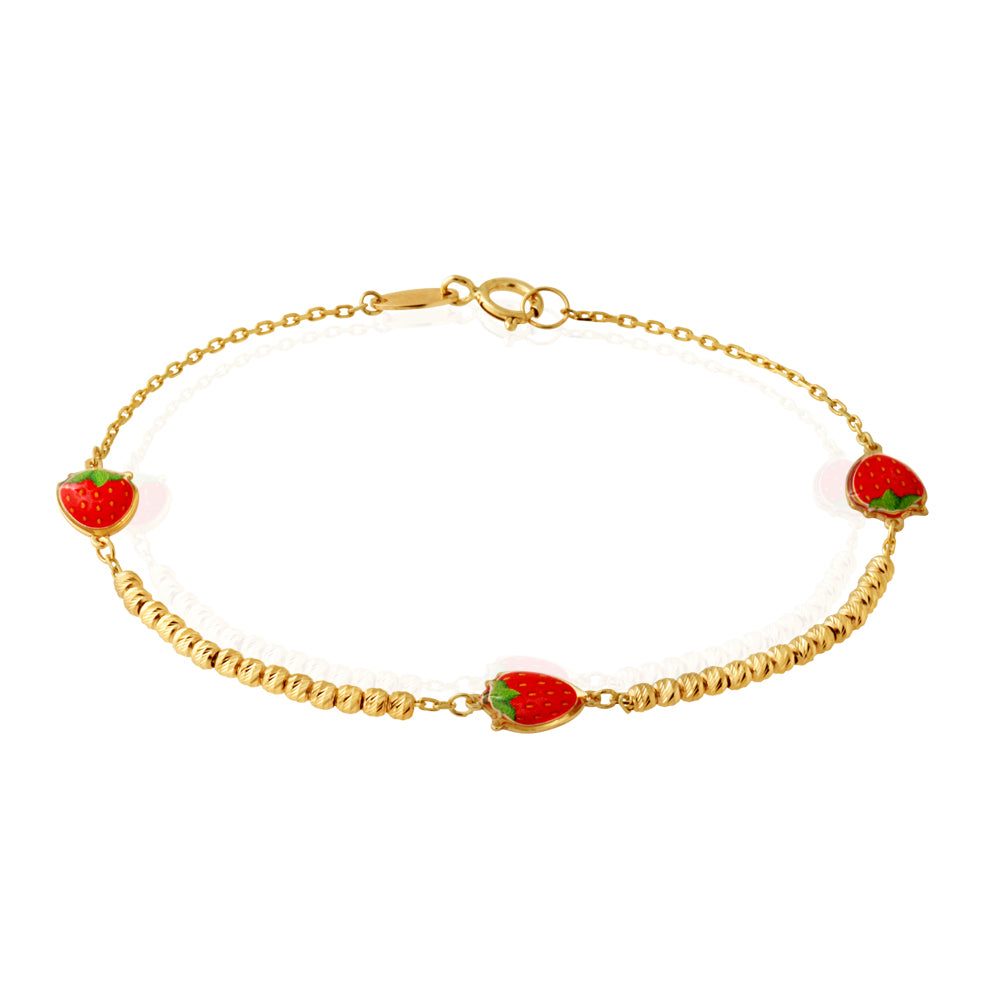 9ct Yellow Gold 16cm Bracelet with 3 Red Strawberries