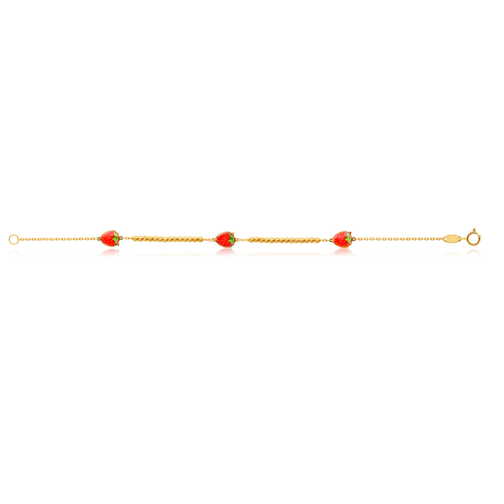 9ct Yellow Gold 16cm Bracelet with 3 Red Strawberries