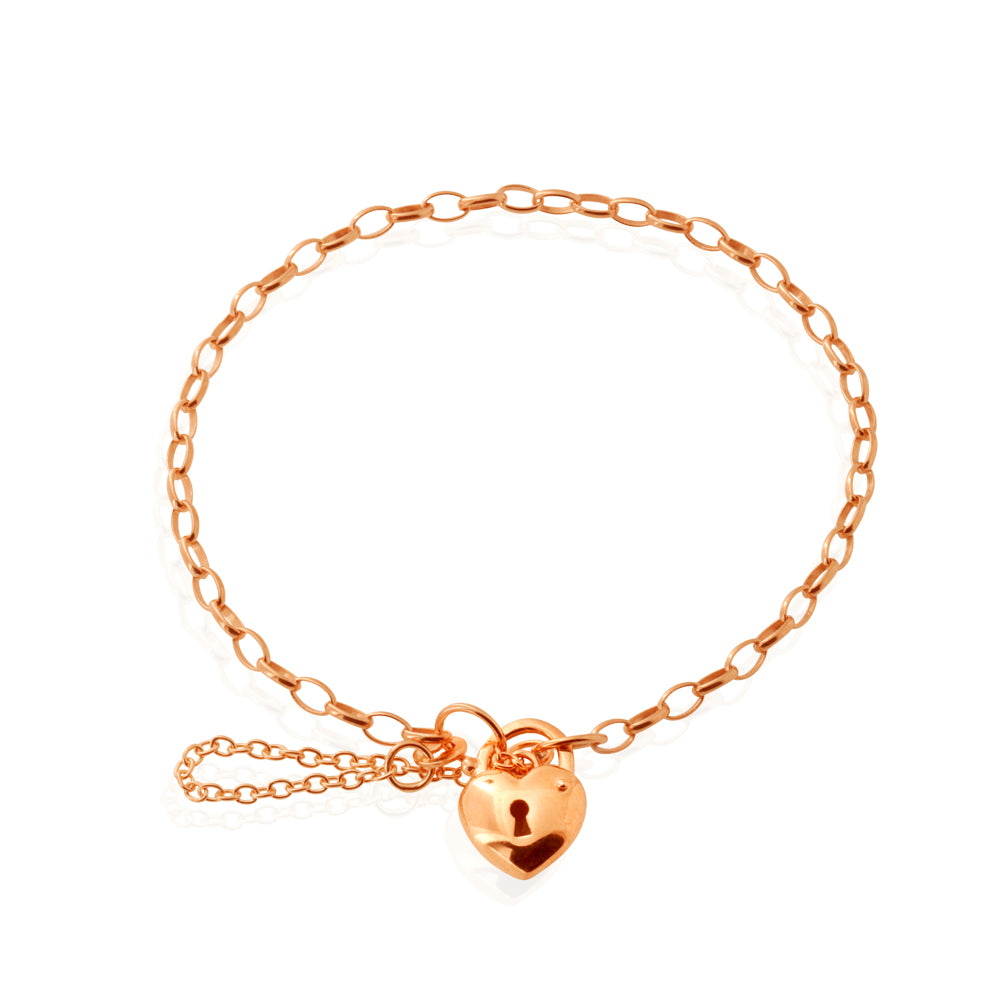 9ct Rose Gold Heart Locket Belcher Padlock Bracelet 18cm