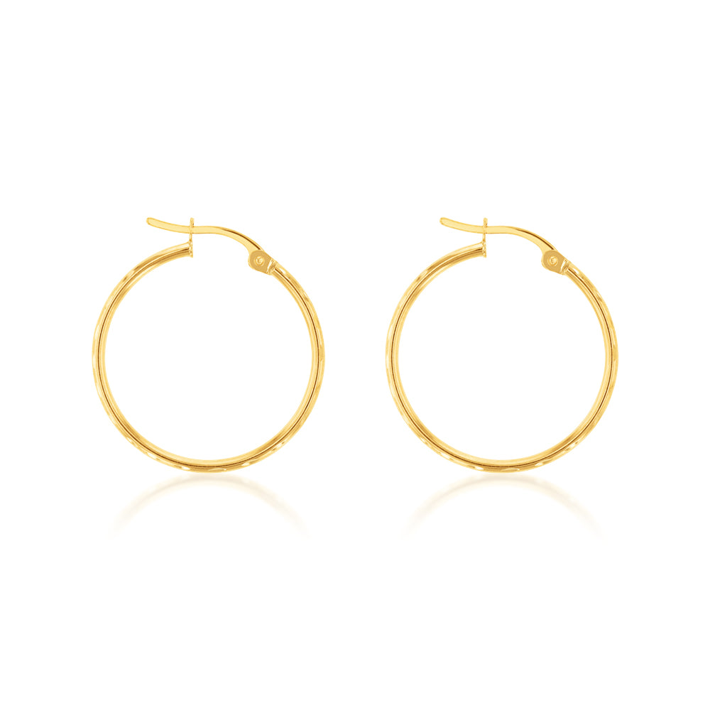 9ct Yellow Gold Double side Diamond Cut 20mm Hoop Earrings