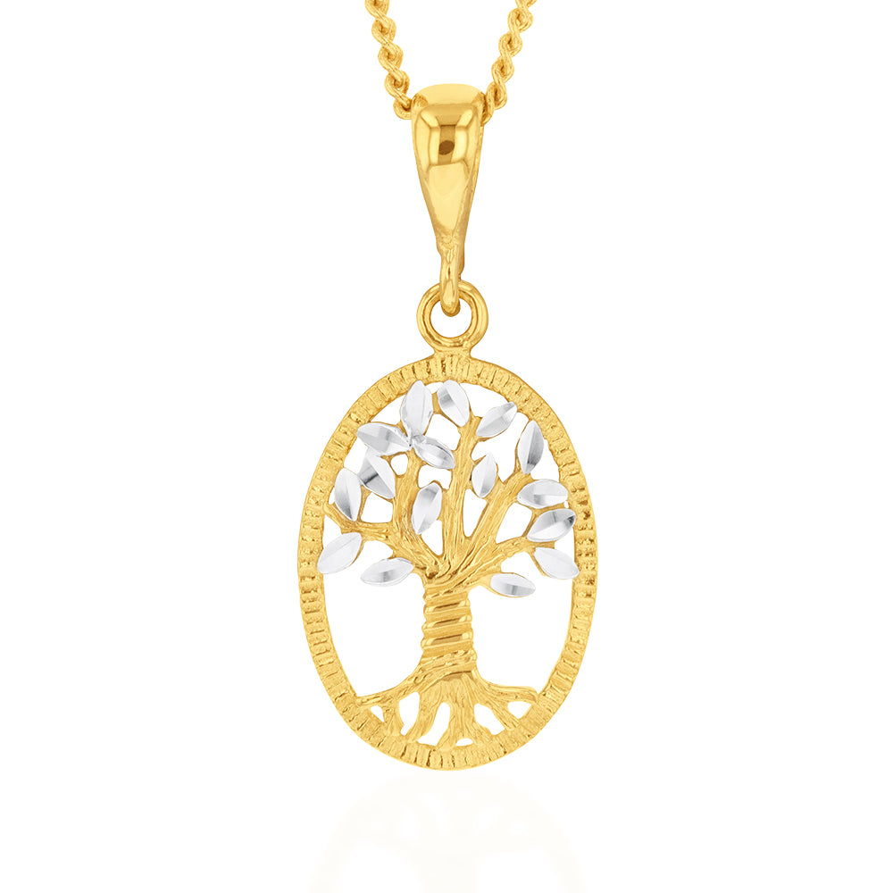 9ct Yellow And White Gold Tree Of Life Diamond Cut Pendant
