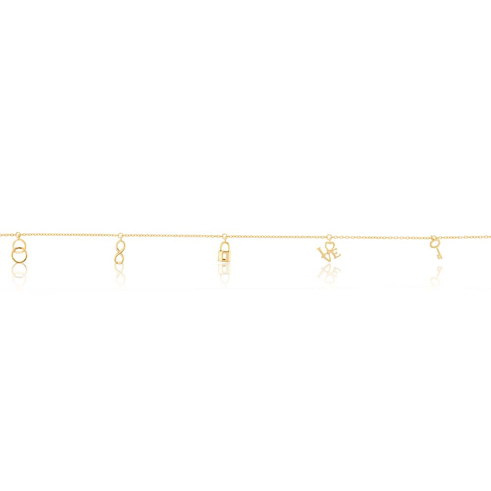 9ct Yellow Gold Six Charm 27cm Anklet