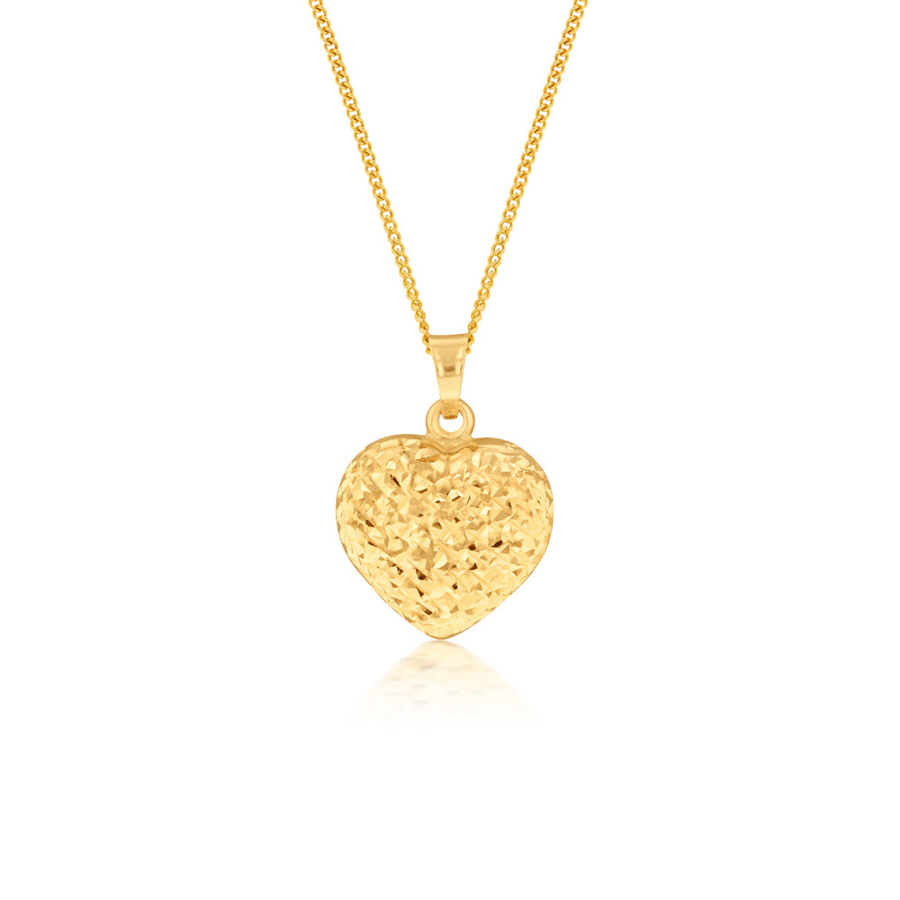 9ct Yellow Gold Textured Diamond Cut Heart Pendant