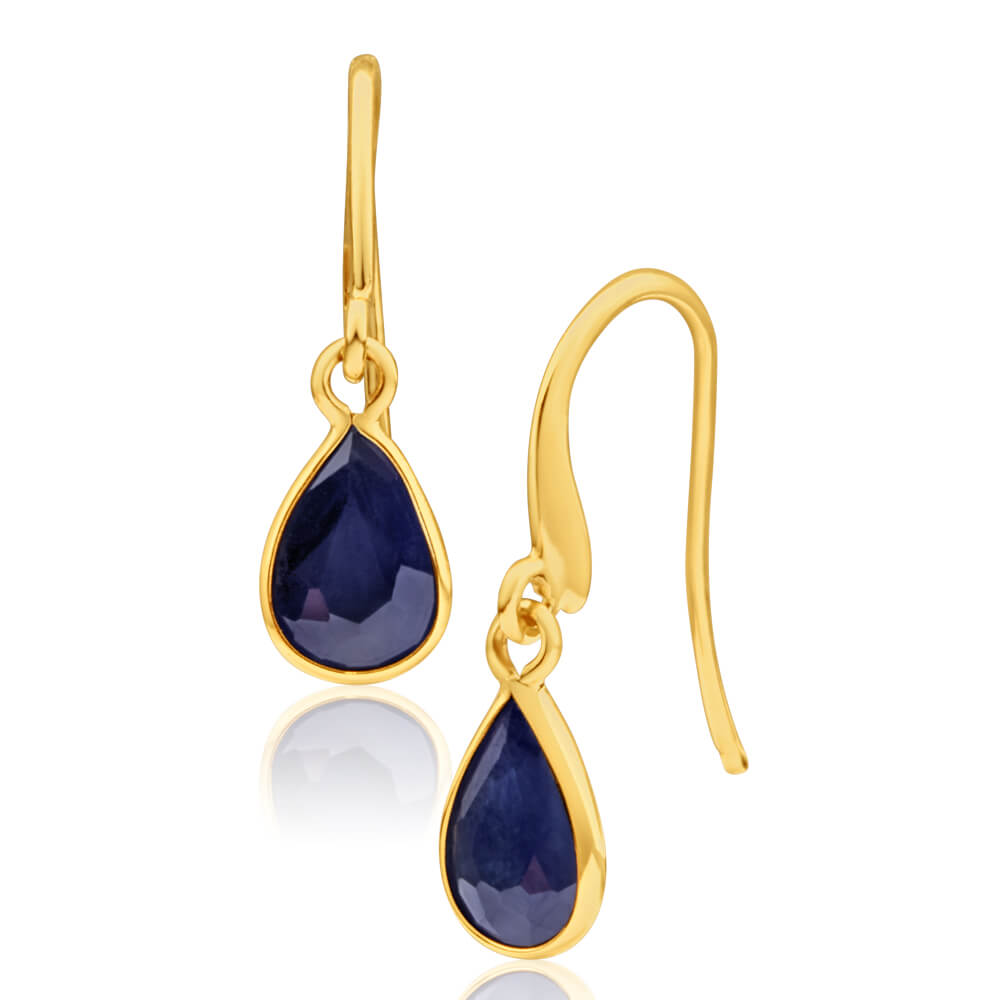 9ct Yellow Gold Natural Black Sapphire Pear Drop Earrings