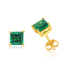 Load image into Gallery viewer, 9ct Yellow Gold Created Emerald Stud Earrings