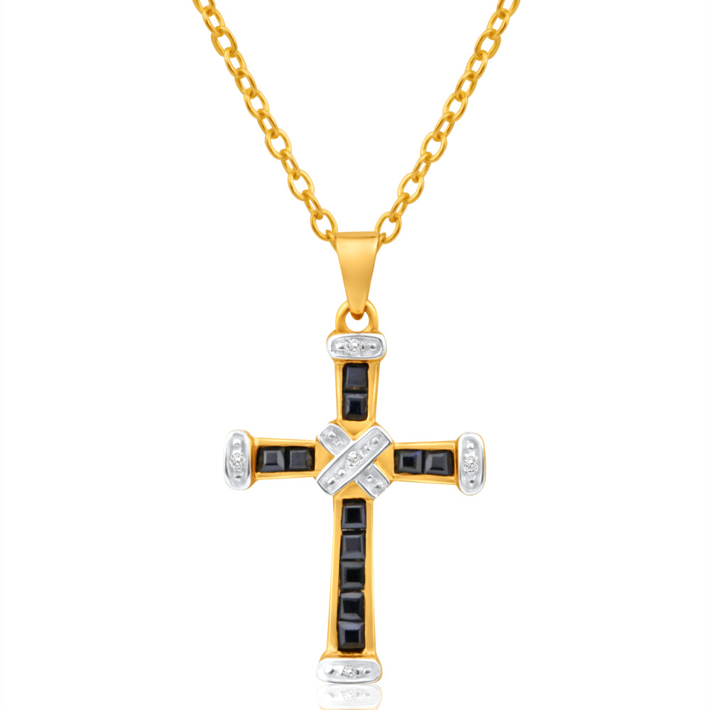 9ct Yellow Gold Dark Sapphire + Diamond Cross Pendant