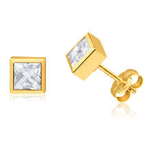 Load image into Gallery viewer, 9ct Yellow Gold Cubic Zirconia 5mm Princess Stud Earrings
