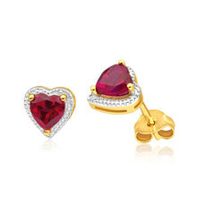 Load image into Gallery viewer, 9ct Radiant Yellow Gold Created Ruby + Diamond Stud Earrings