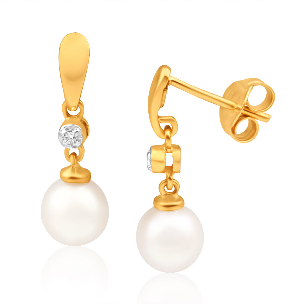 9ct Charming Yellow Gold Diamond + Pearl Drop Earrings