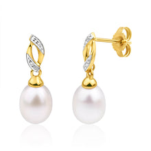 Load image into Gallery viewer, 9ct Yellow Gold Freshwater Pearl and Diamond Drop Earrings