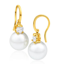 Load image into Gallery viewer, 9ct Charming Yellow Gold Simulated Pearl and Cubic Zirconia Drop Earrings