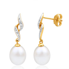 Load image into Gallery viewer, 9ct Dazzling Yellow Gold Diamond + Pearl Drop Earrings