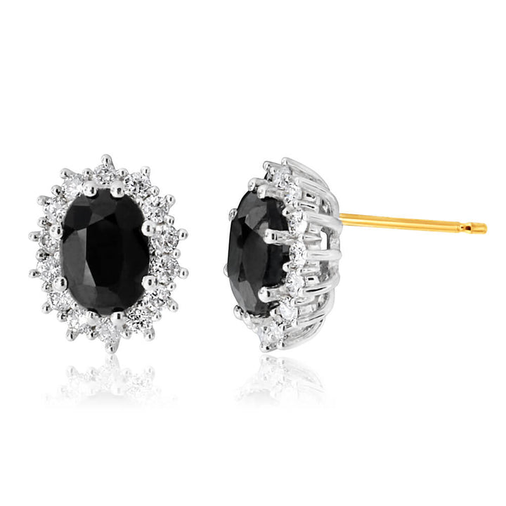 9ct Yellow Gold 7x5mm Oval Cut Natural Sapphire and 0.42 Carat Diamond Stud Earrings