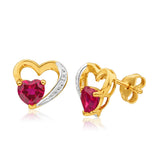 9ct Yellow Gold Created Ruby + Diamond Stud Earrings