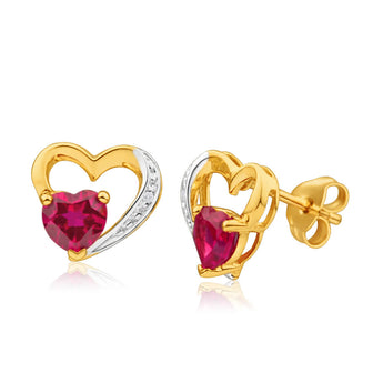 9ct Yellow Gold Created Ruby + Diamond Stud Earrings