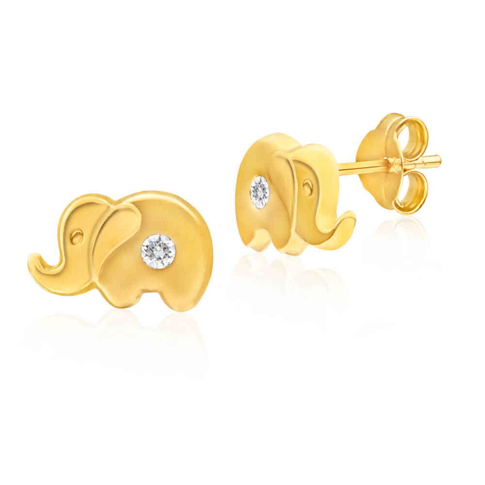 14k Gold Elephant Cubic Zirconia Stud Earrings – Screw Back Animal Charm Jewelry For Women – Minimalist Safari Style