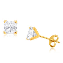 Load image into Gallery viewer, 9ct Yellow Gold Cubic Zirconia 5mm Princess Cut Stud Earrings