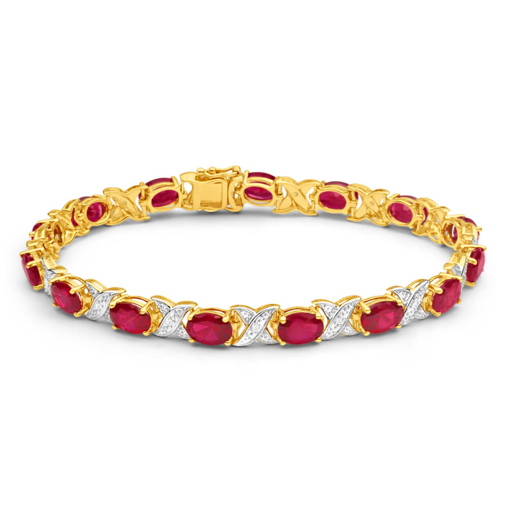 9ct Yellow Gold Created Ruby + Diamond 19CM Bracelet