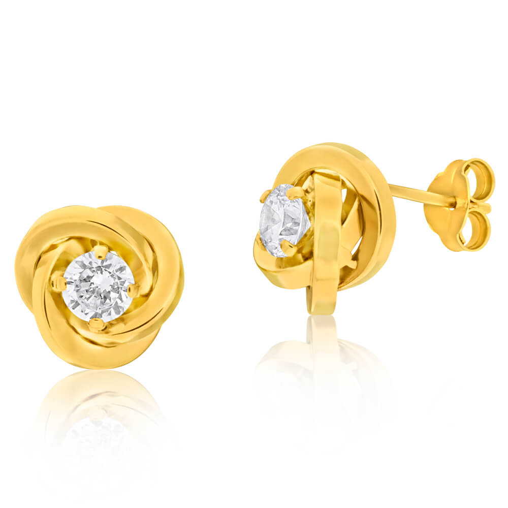 9ct Yellow Gold Cubic Zirconia Polished Knot Stud Earrings